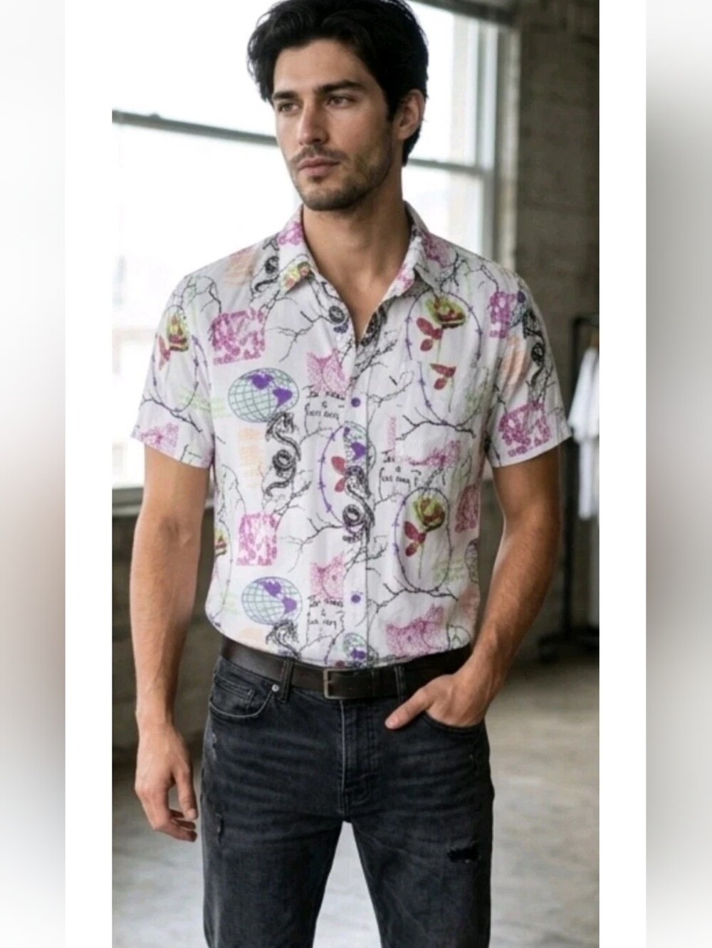 Vitriol Y2k Graphic Button Up Shirt Short Sleeve Cyberpunk Mall Goth Anime M